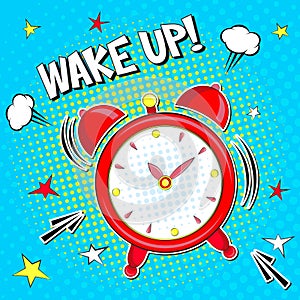 Wake up!! Lettering cartoon vector illustration with alarm clock on yellow blue background . Pop art style photo